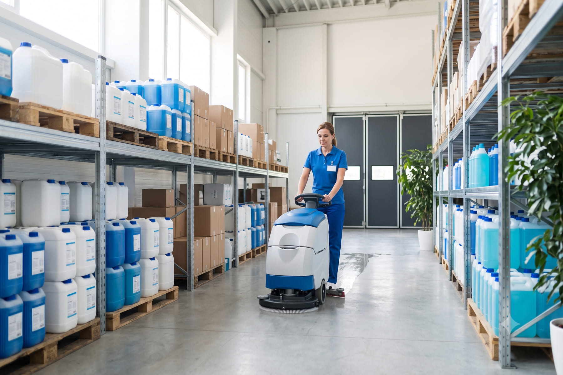 Produits d'entretien et d'hygiène professionnels alignés dans l'entrepôt DB Hygiène